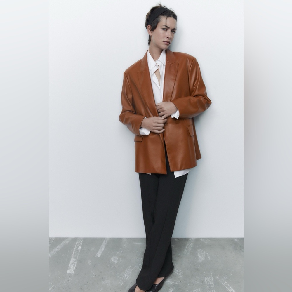 Zara Faux Leather Oversized Double Breasted Blazer Quiet Luxury Minimalist Chic